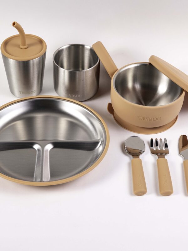 Tiniboo 304 Stainless Steel Kids 7-Piece Dinner Set with Removable Suction Silicone Base Sleeve